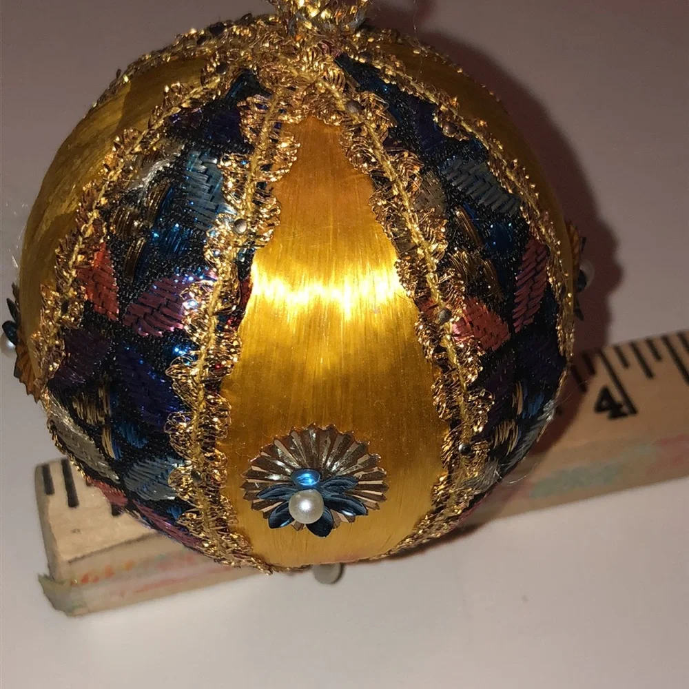 Gold Silk Ball Ornament Yellow Silk beaded ornament mid century Christmas
